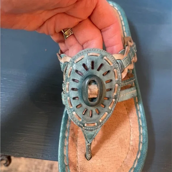 Earth Wander Leather Teal Thong Sandals Women’s 8B Cushioned Slight Wedge - Picture 10 of 11